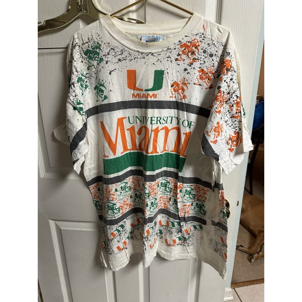 Vintage Miami Hurricanes T-shirt Mens XL White All Over Print AOP University 90s